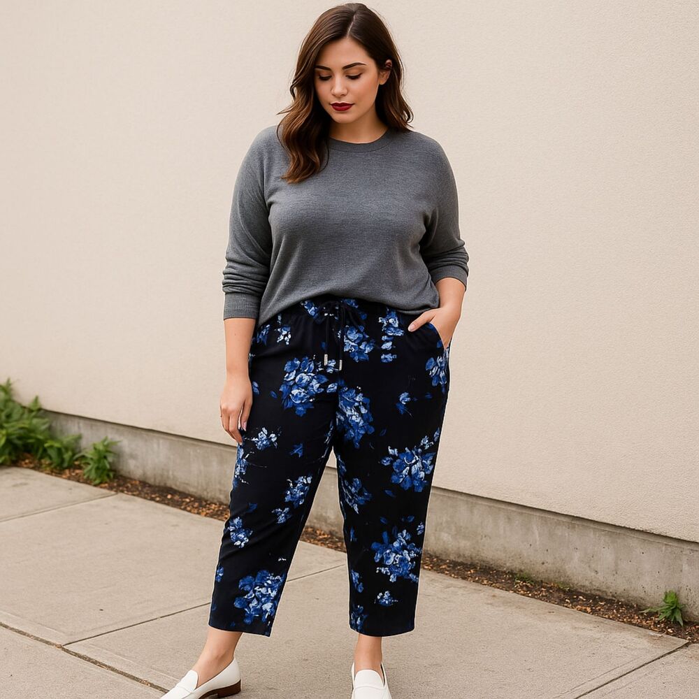 Coldwater‎ Creek Floral Navy Ankle Pants Sz Large Petite